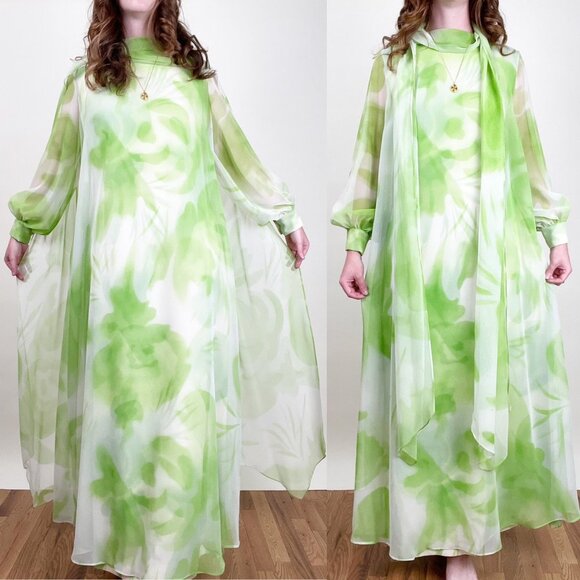Vintage Union Made 70's Chiffon Kaftan Maxi Dress Hippie Boho Bohemian Shift 70s - Picture 9 of 9